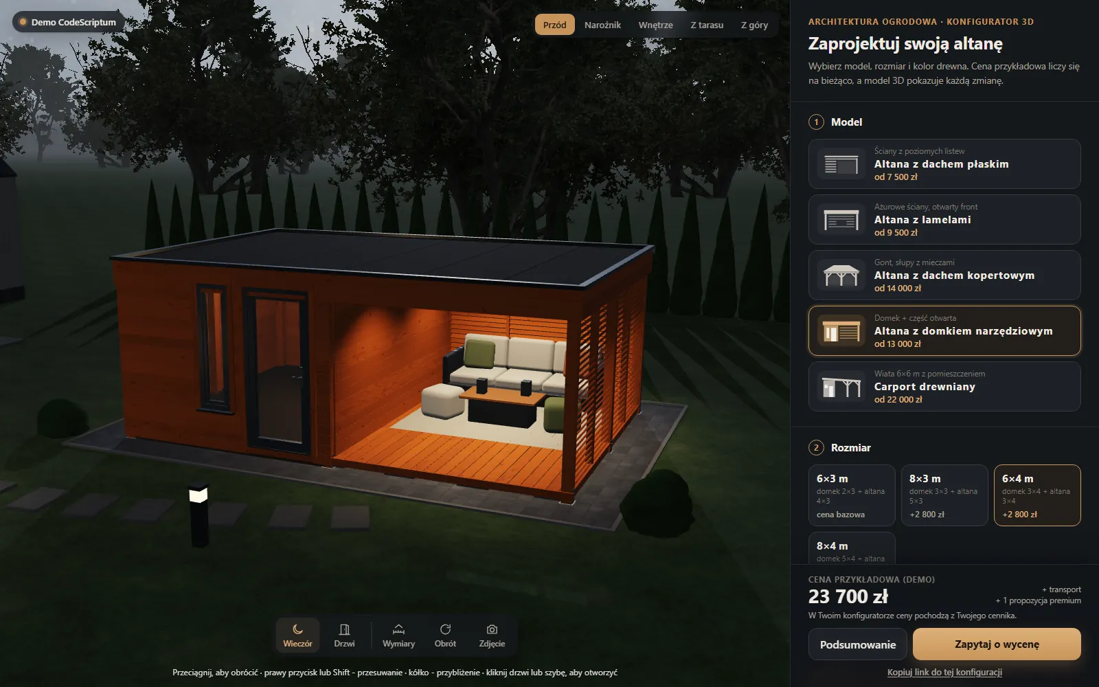 Demo konfiguratora 3D altany ogrodowej w trybie wieczornym