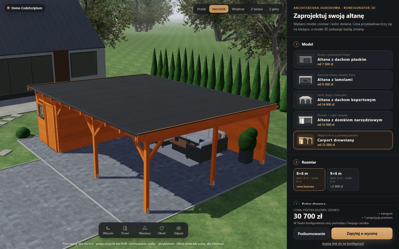 Carport drewniany w tym samym konfiguratorze (demo)