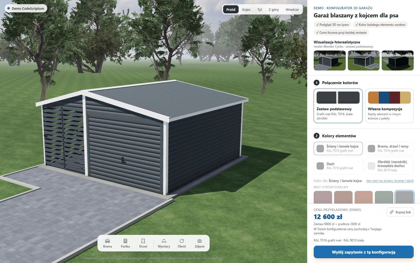 Demo konfiguratora 3D garażu blaszanego z panelem opcji