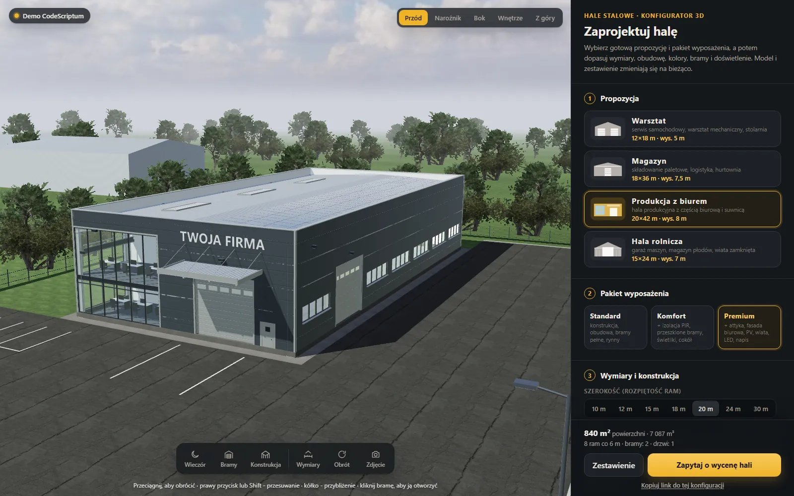 Demo konfiguratora 3D hali stalowej z biurem i panelem propozycji