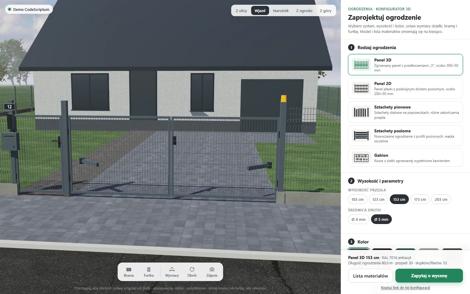 Demo konfiguratora 3D ogrodzenia panelowego z bramą