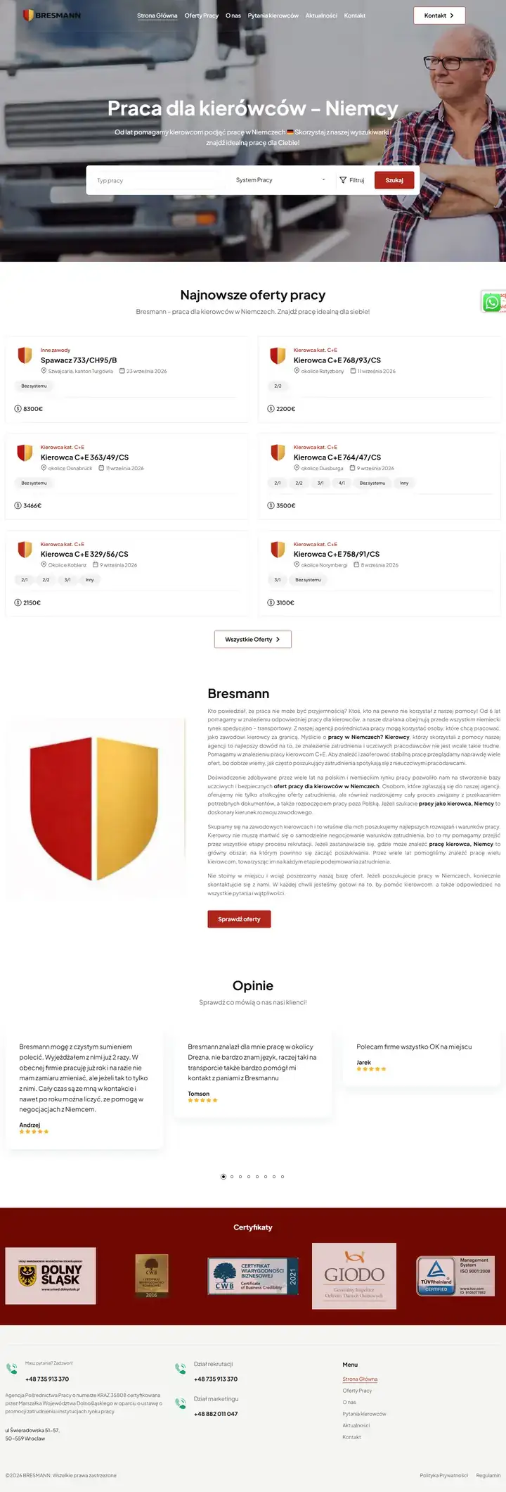 Zrzut całej strony: Bresmann - portal z ofertami pracy dla kierowców