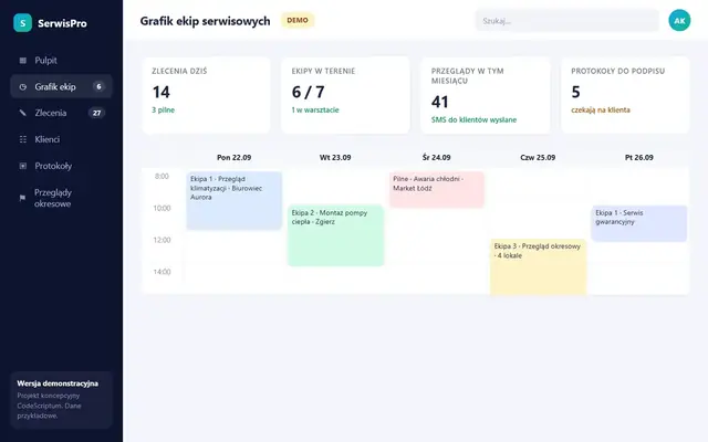 Makieta: CRM dla firmy serwisowej z aplikacją technika