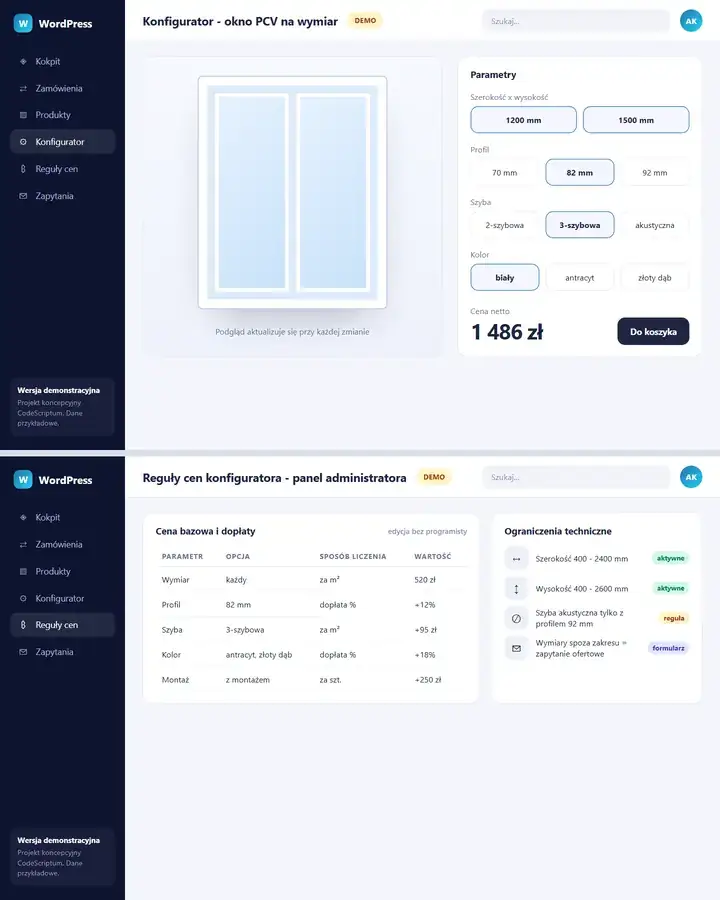 Makieta: Konfigurator produktu z wyceną na żywo