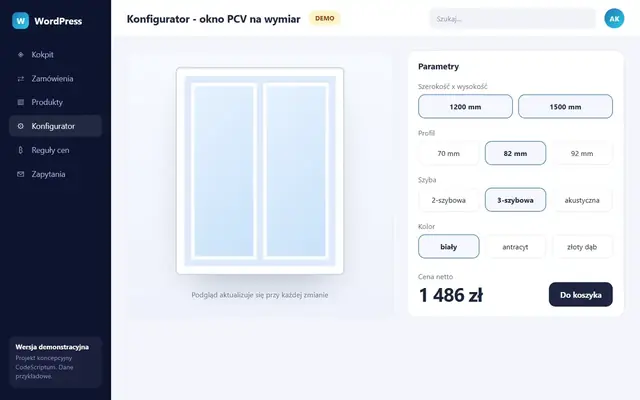 Makieta: Konfigurator produktu z wyceną na żywo