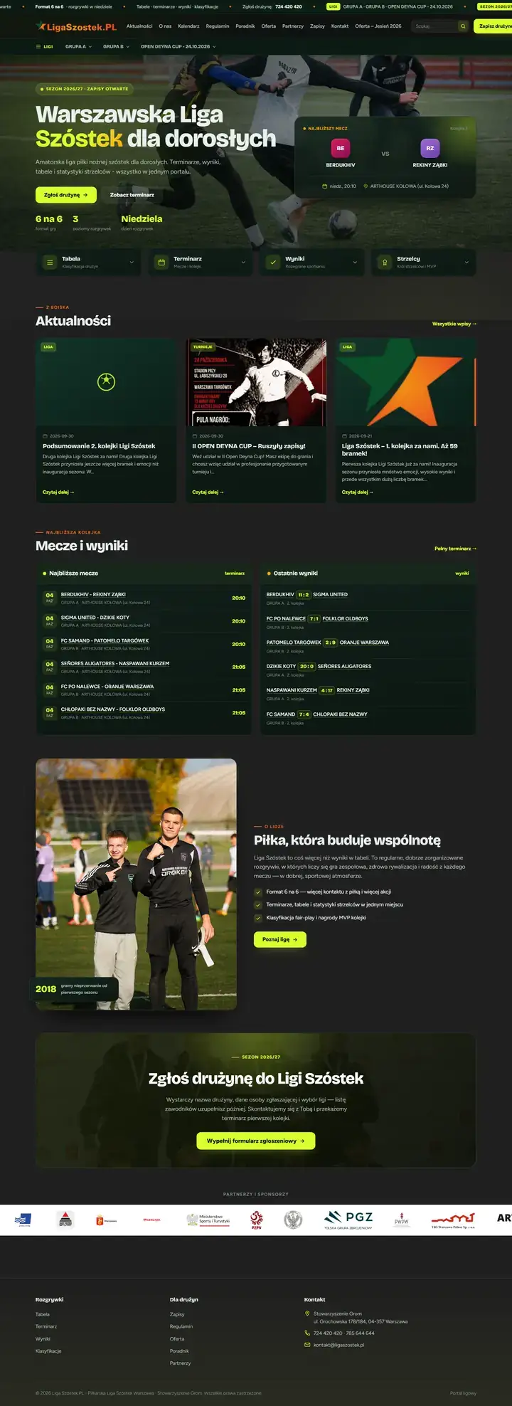 Zrzut całej strony: Liga Szóstek - serwis warszawskiej ligi piłkarskiej